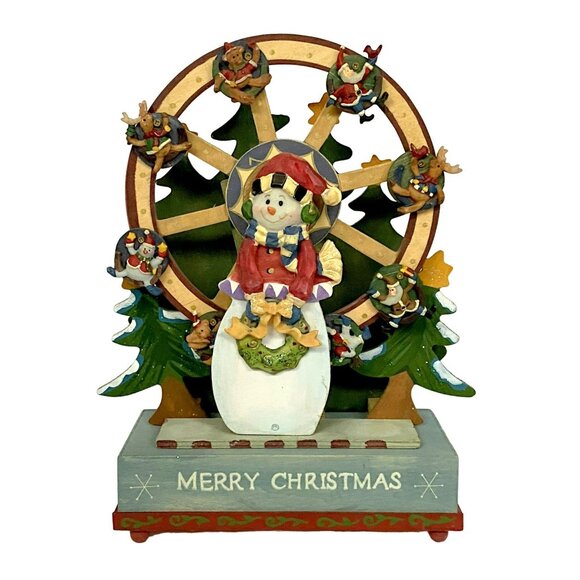 Ferris Wheel Music Box  Snowman Christmas Working We Wish You a Merry Xmas Wood - Picture 1 of 7